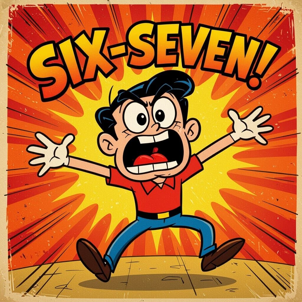 Absurd Cartoon Character Shouting 'SIX-SEVEN!' in Vintage Me...