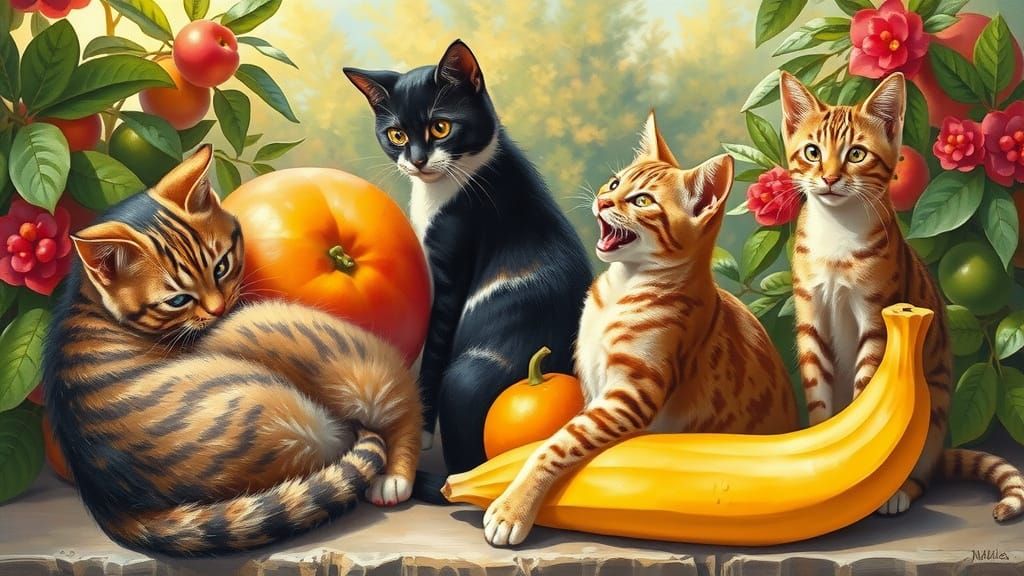 Fruitful Feline Friends in a Whimsical Garden