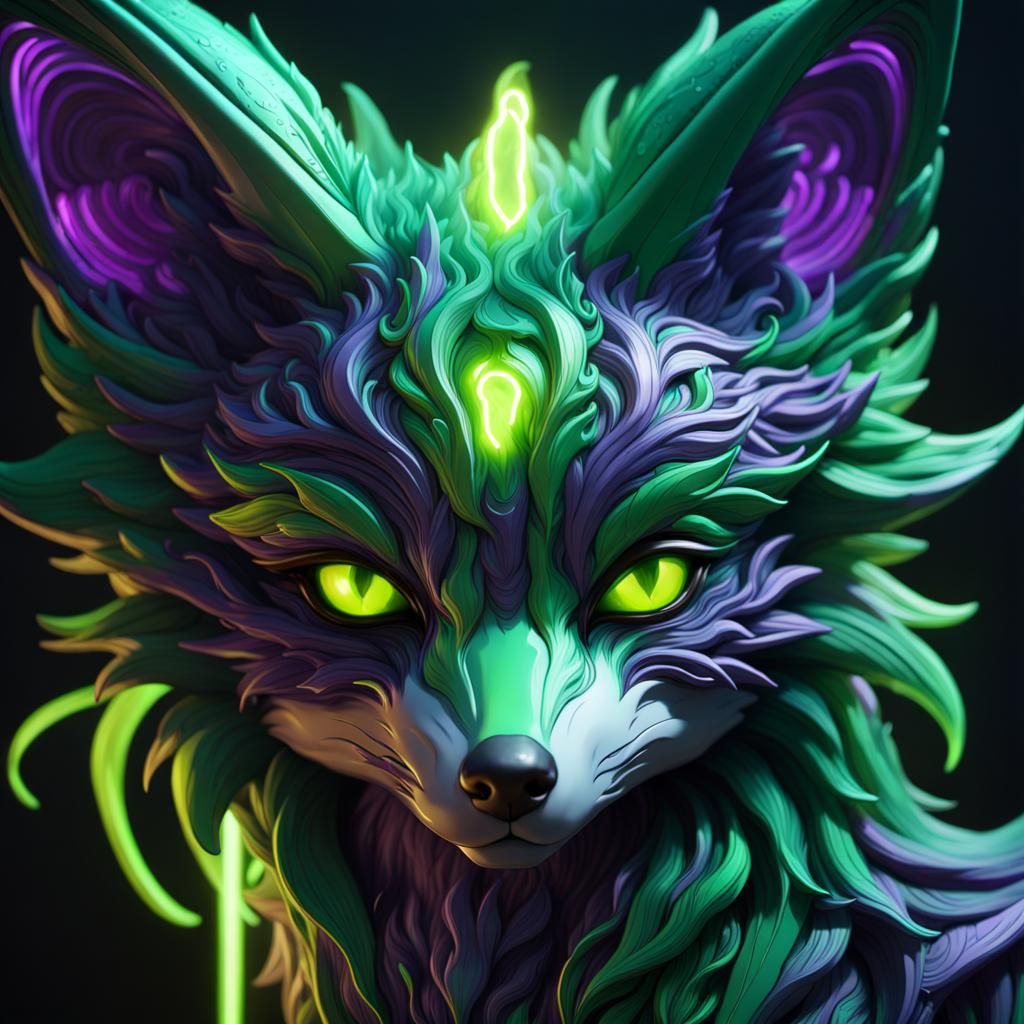 Winged Green Fox in Neon Dark Fantasy Style