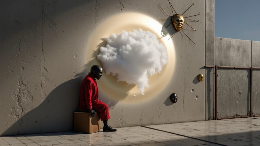 Surreal Shadow Man with African Mask in Dramatic Light