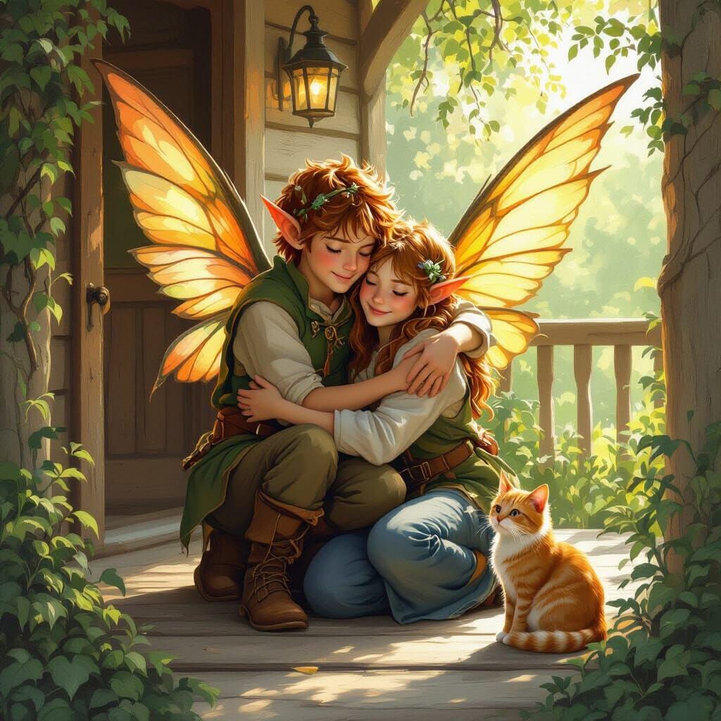 Elf Teenager Hugs Parents on Porch with Cat