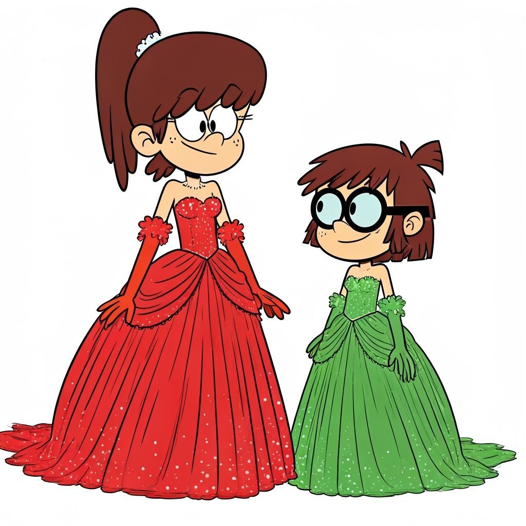 The Loud House cartoon style: Two cartoon girls. The 13 year old girl is Lynn Loud with brown hair with blunt bangs tied...