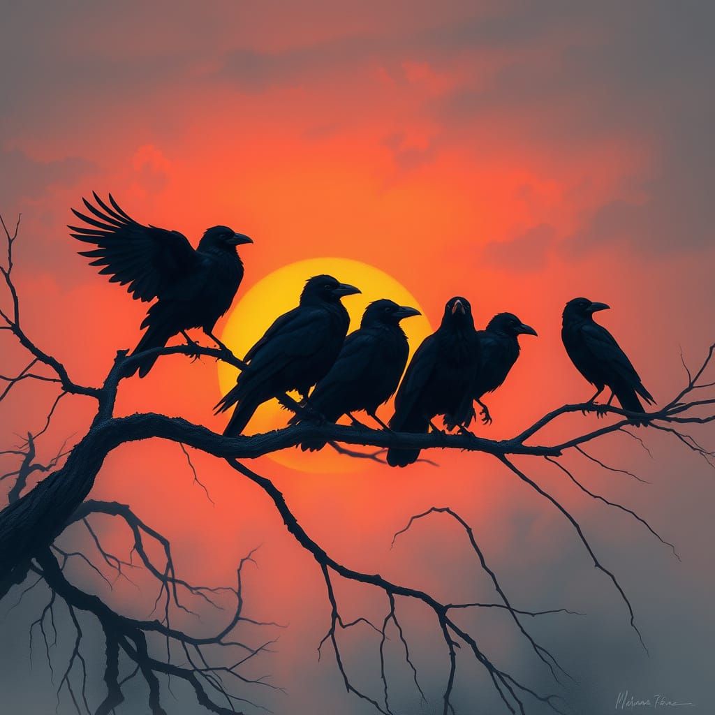 Mysterious Crows Silhouetted Against a Vibrant Sunset