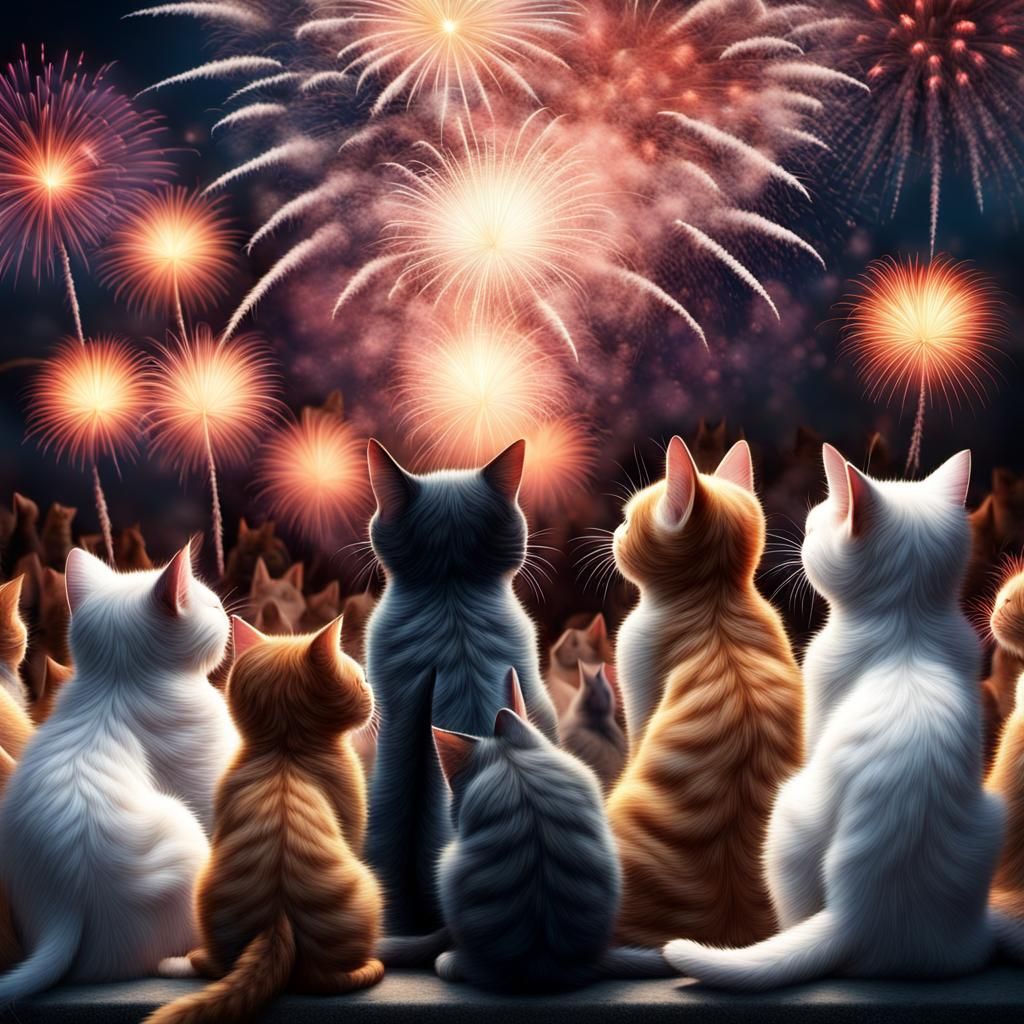 Cats Mesmerized by a Fireworks Show