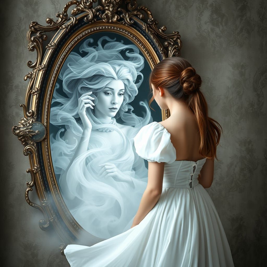 Ethereal Reflection: Woman Sees Mist in Mirror