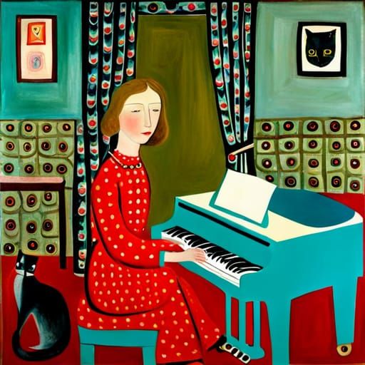 Girl Plays Piano for Cats: Naive Art Style