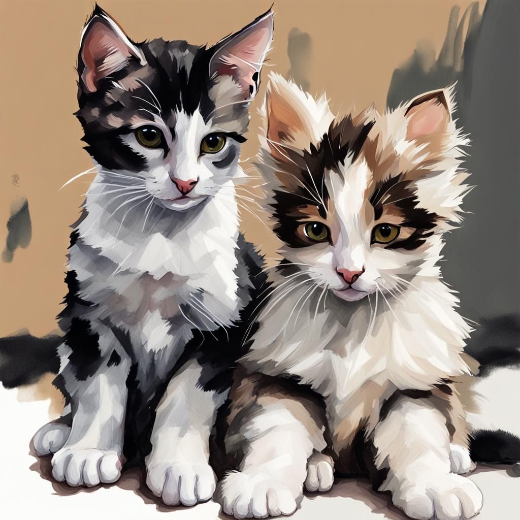 Puppy and Kitten Portrait in Gouache and Alcohol Ink