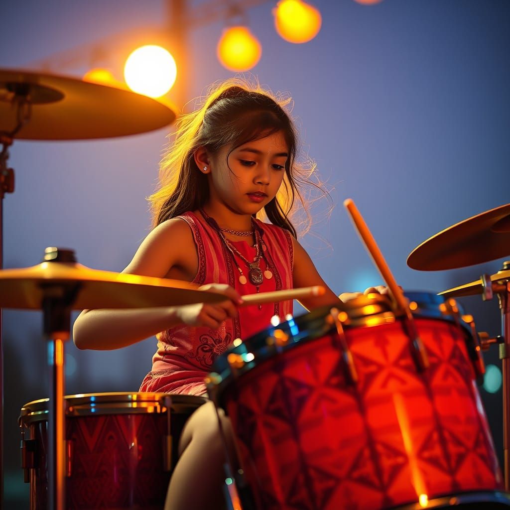 Sahur Drummer Girl Under Neon Evening Light
