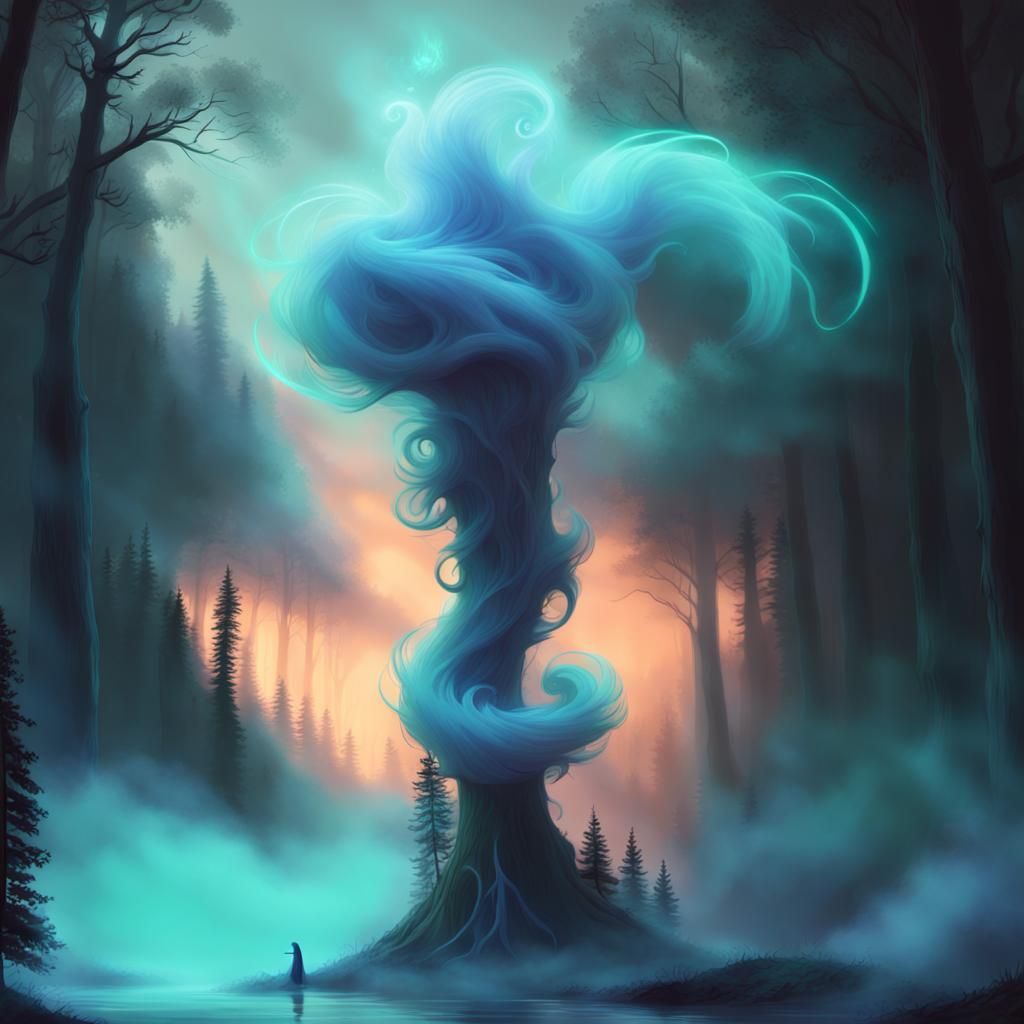 Ethereal Ghost Tail in Misty Forest Concept Art