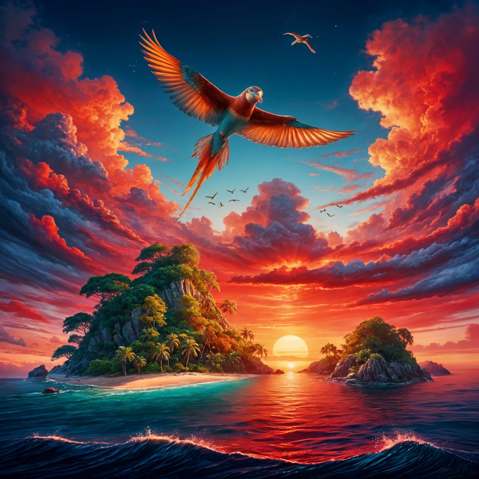 Island Sunset with Tropical Birds and Dolphin