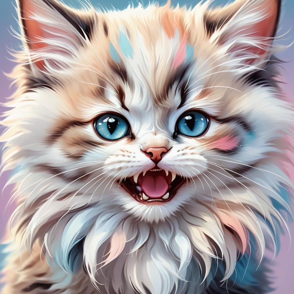 Angry Kitten Portrait in Cute Kawaii Style