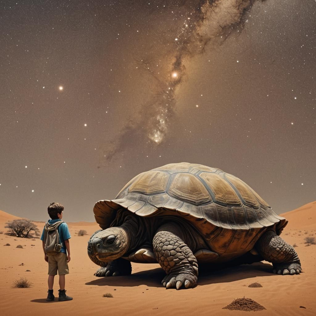 Giant Tortoise and Miniature Boy in Dune-inspired Space