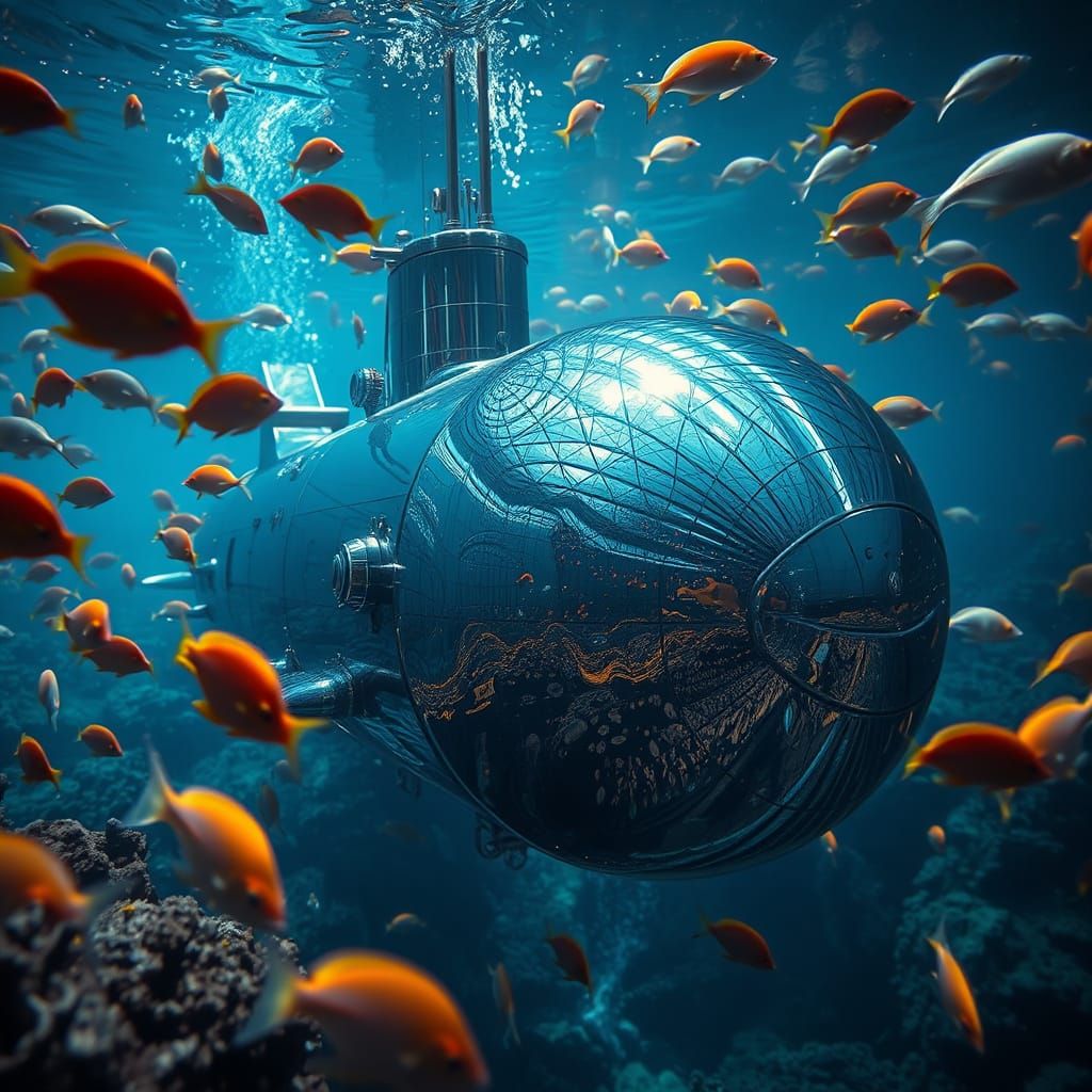 Hyperrealistic Chrome Submarine in Futuristic Underwater Sce...