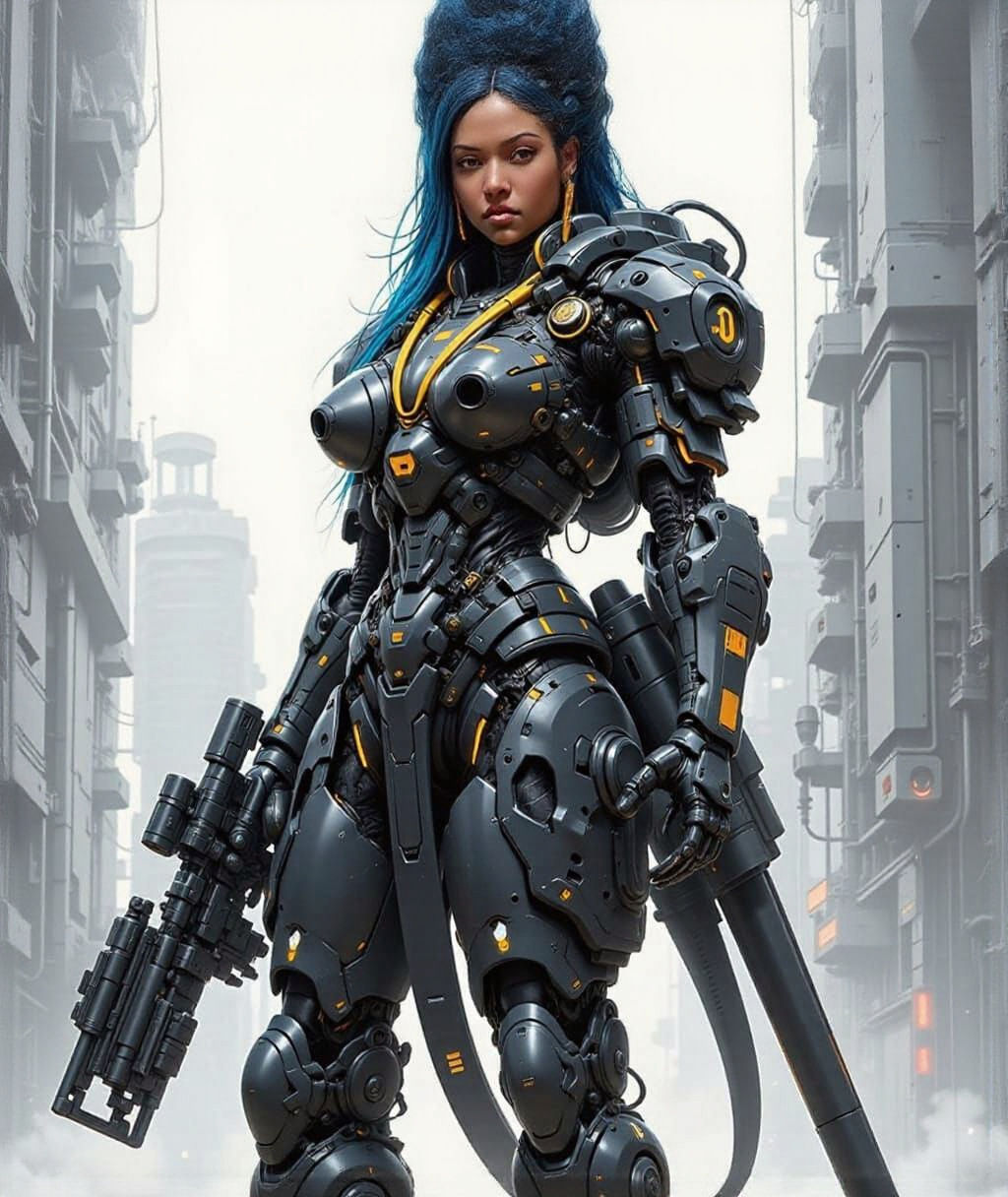 Woman in Futuristic Cybernetic Armor Full-Body Portrait