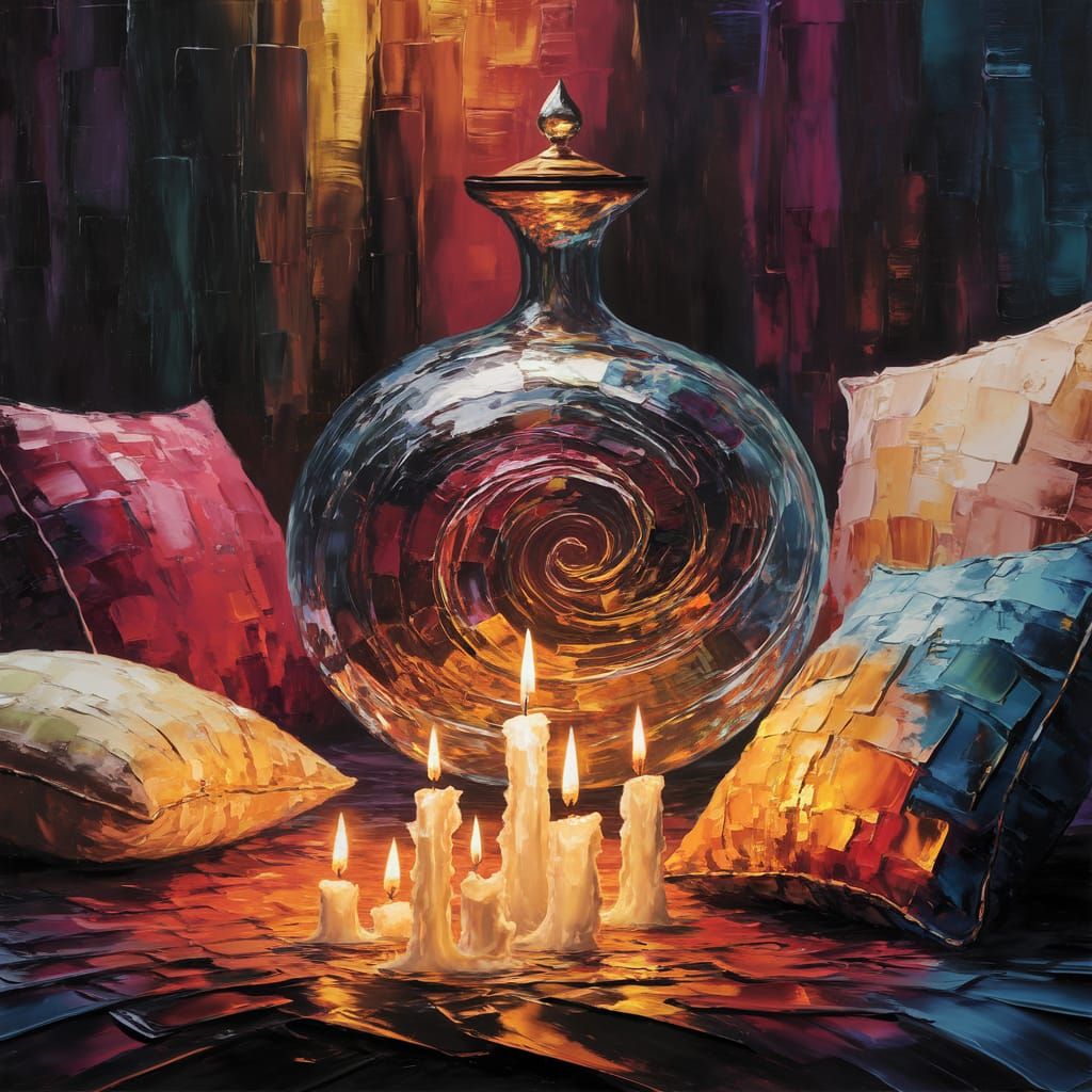Velvet Genie Bottle Interior with Candles and Pillows