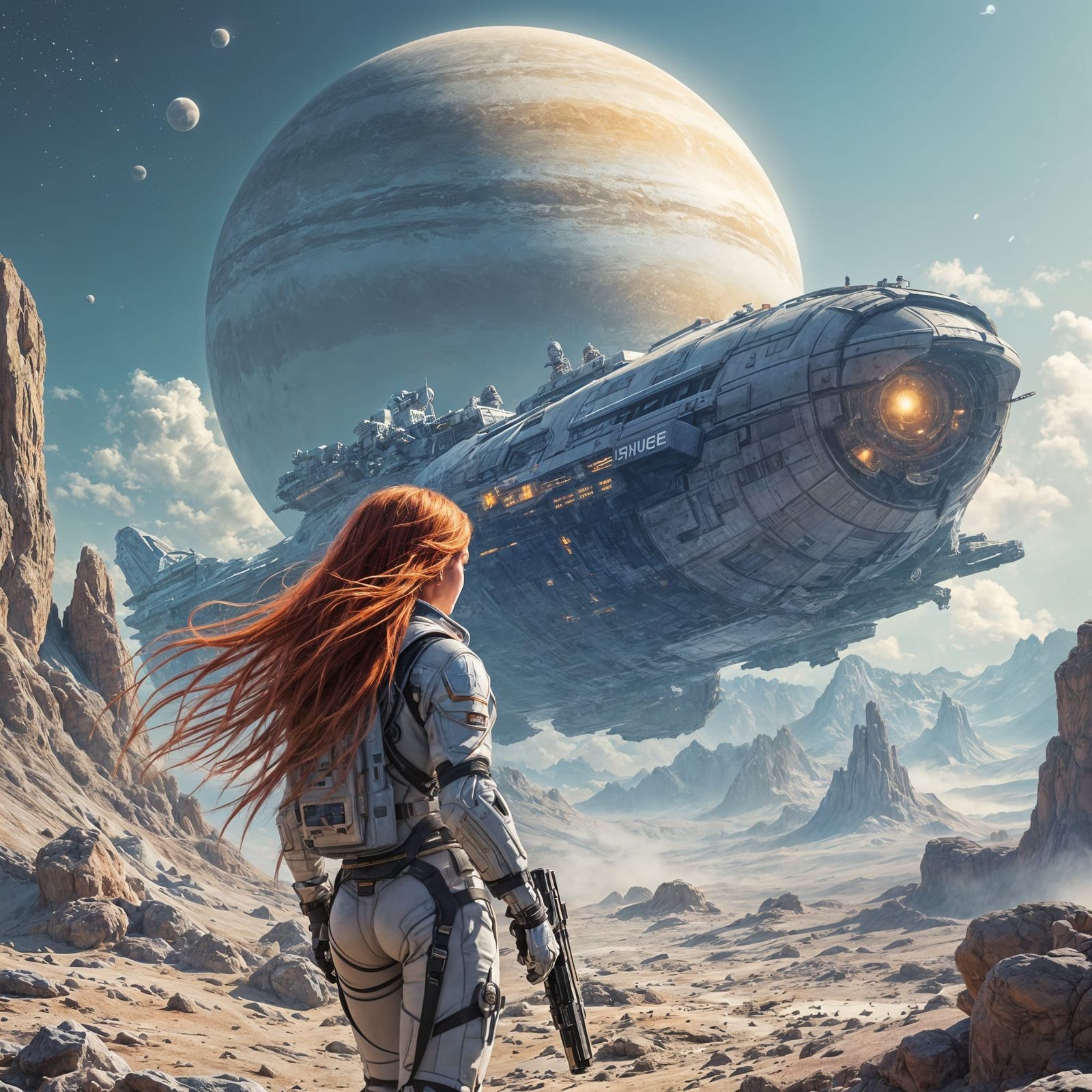 Space Girl with Gun in Sci-Fi Landscape