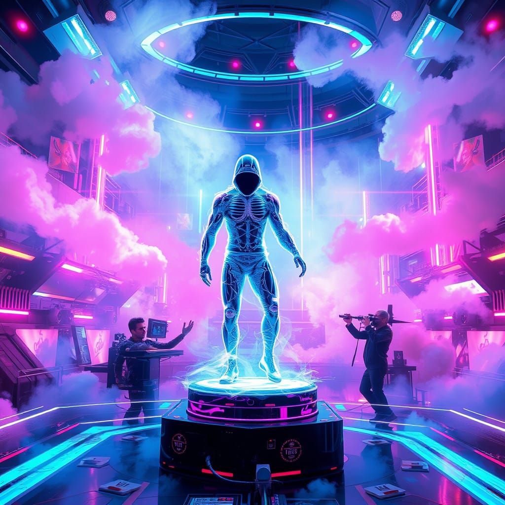 Cyberpunk Hologram Performer in Neon Cityscape