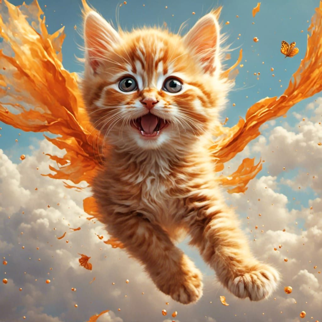 Hyperreal Orange Kitten Flying High