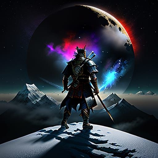 Samurai Warrior Gazing at Twin Moons in Fantasy Art