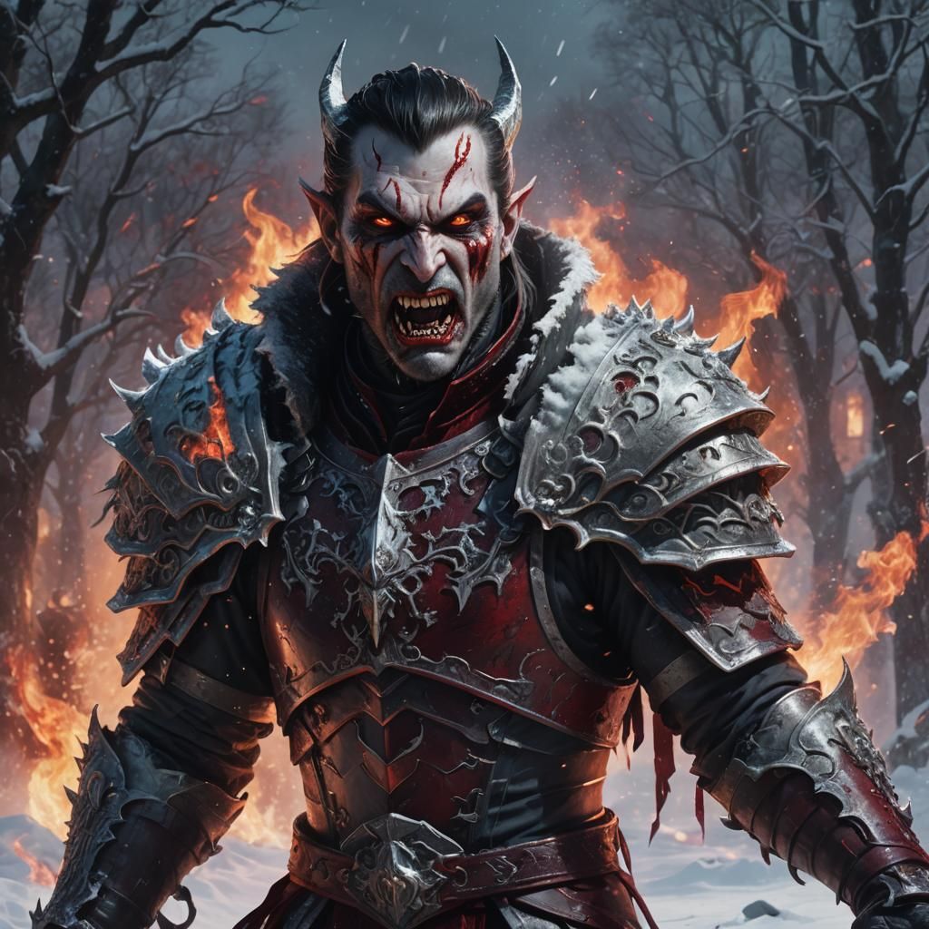 Vampire Warrior in a Fiery, Snowy Landscape