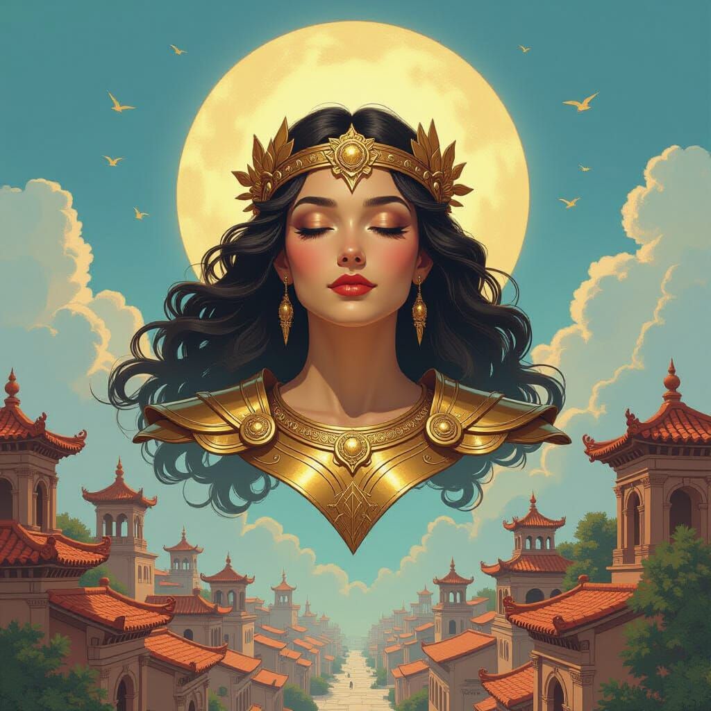 Sun Goddess Floats Above Ancient City