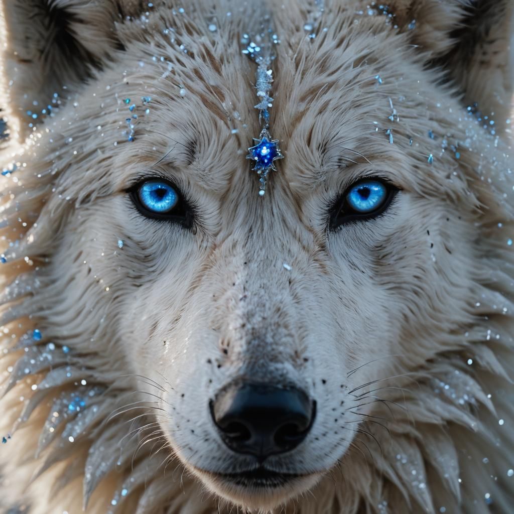 White Wolf with Blue Eyes and Glitter, Cinematic Style