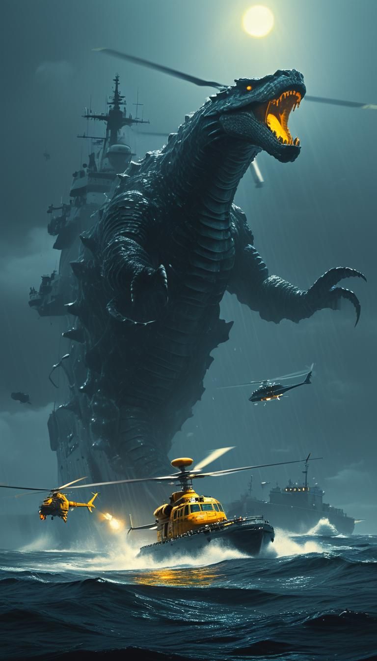 A huge snake like serpent sea monster with frills that is of grey color rises out of the ocean illuminated by a night su...