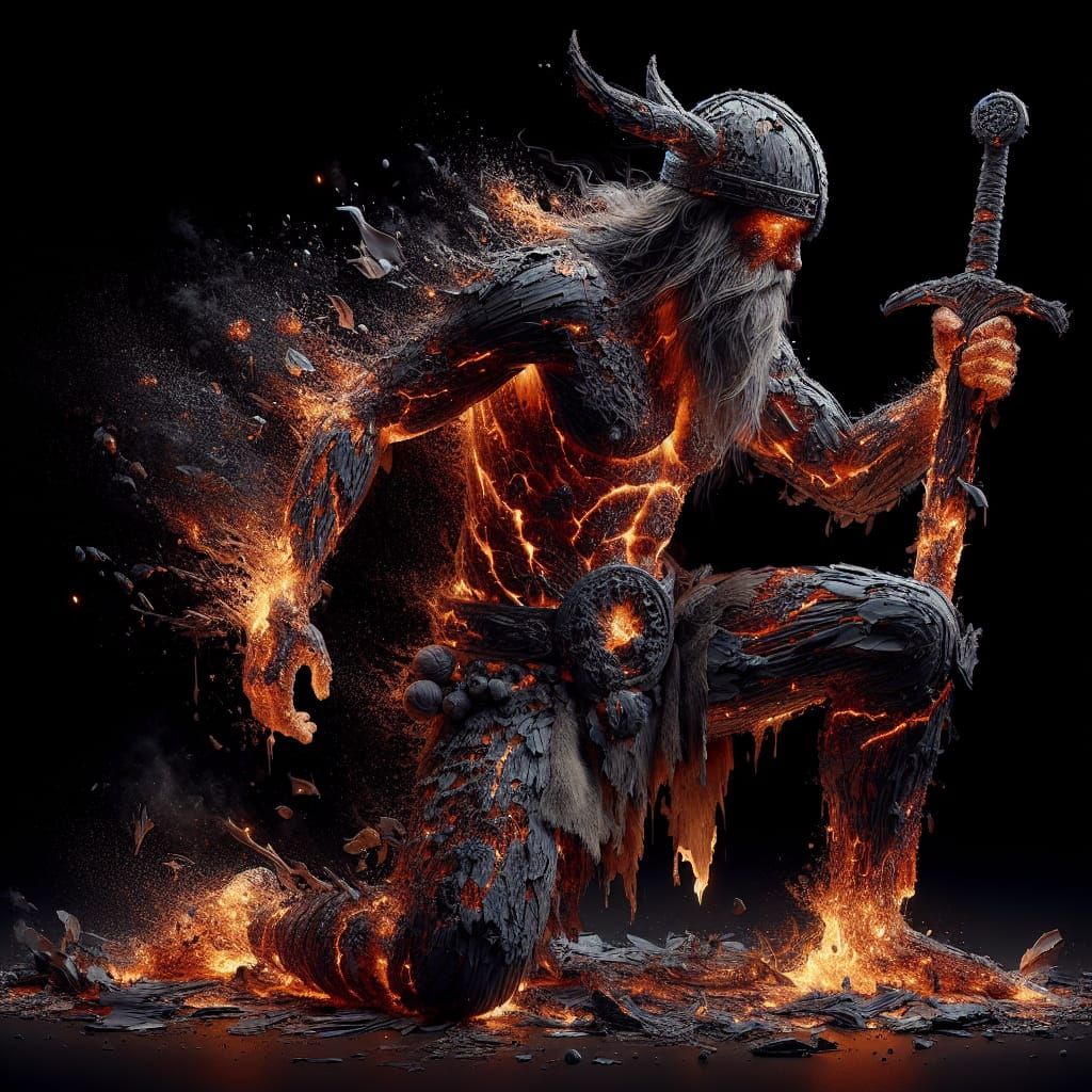 Hyperrealistic Viking Fire God Disintegrating