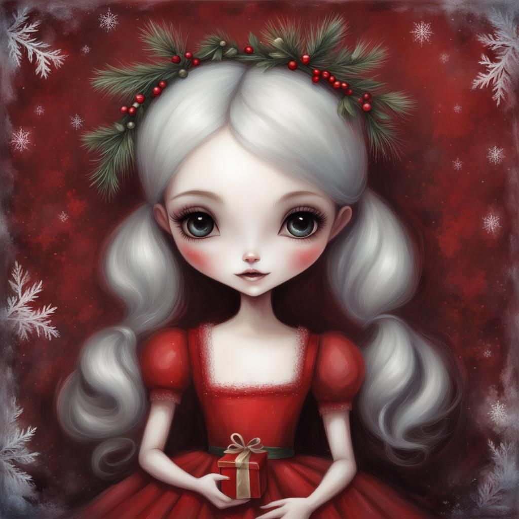 Christmas Girl in Red Dress: Surreal Digital Art