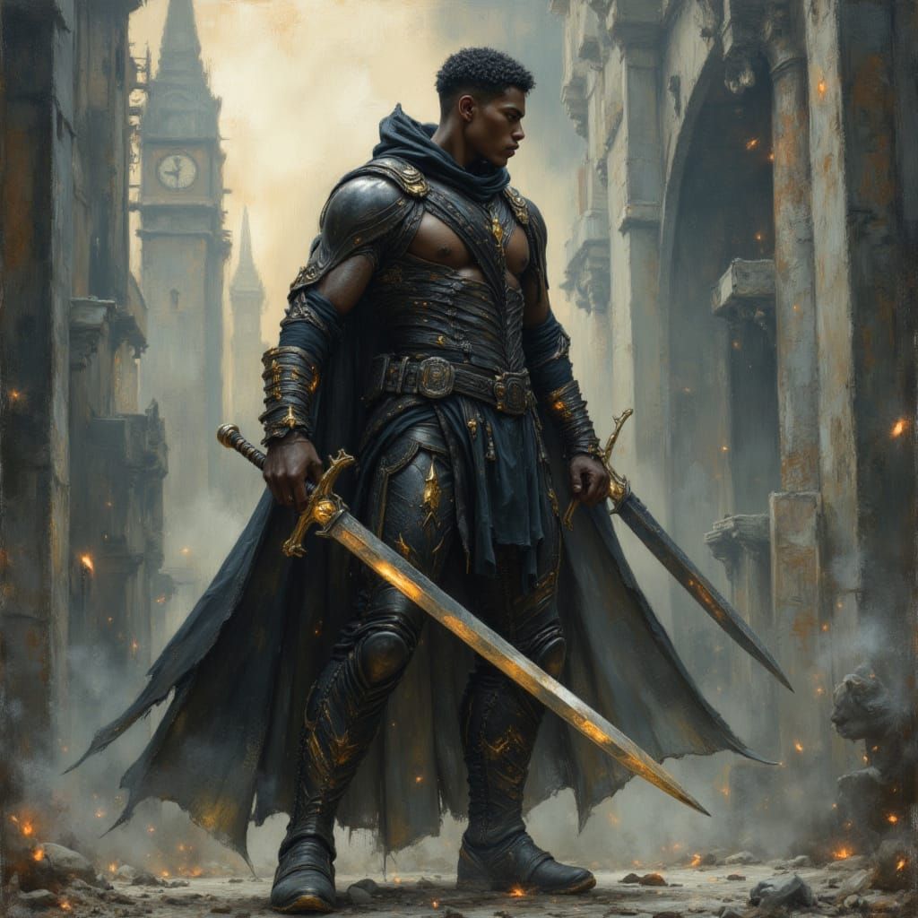 African Warrior God in Cyberpunk City