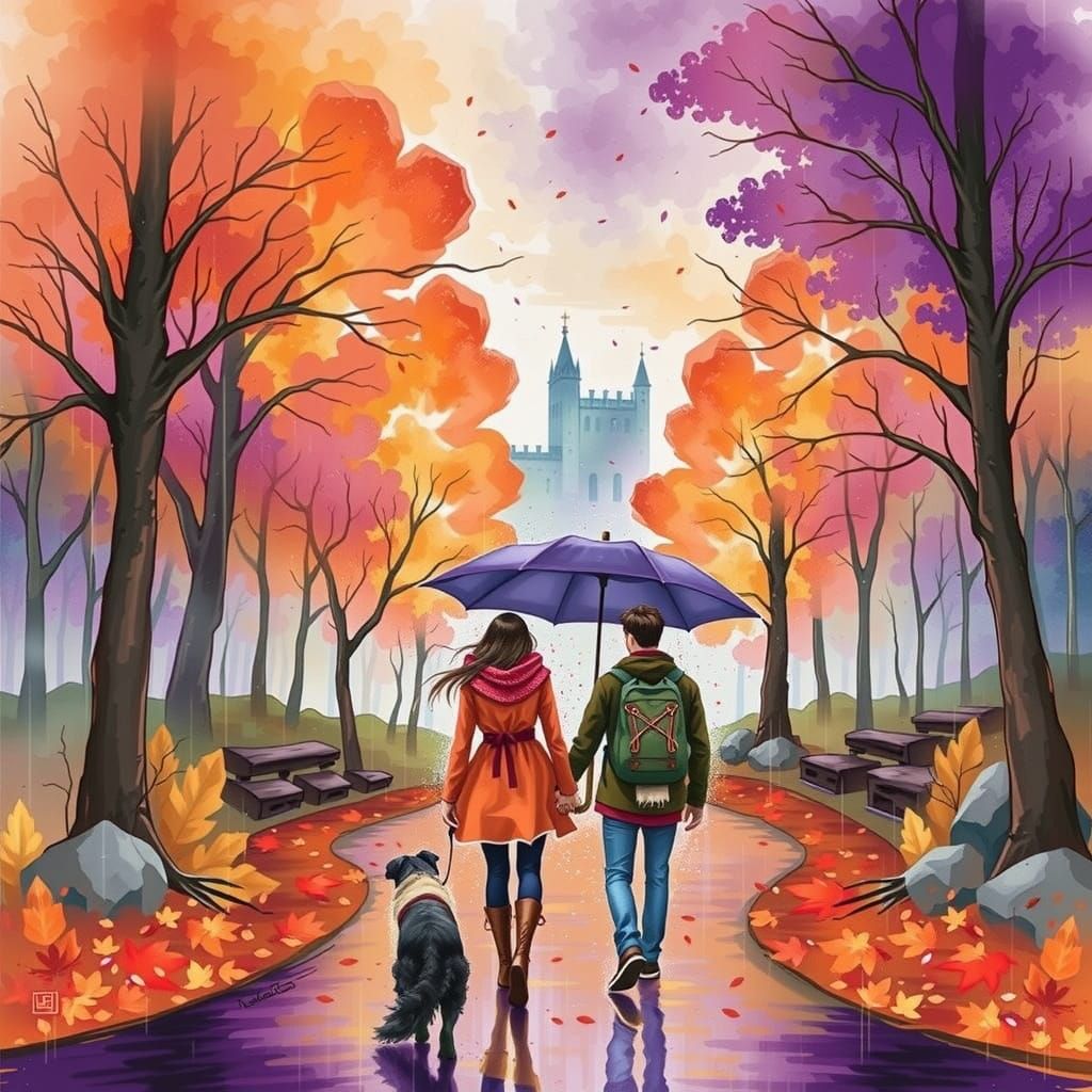 Romantic Autumn Forest Stroll in Impressionist Style