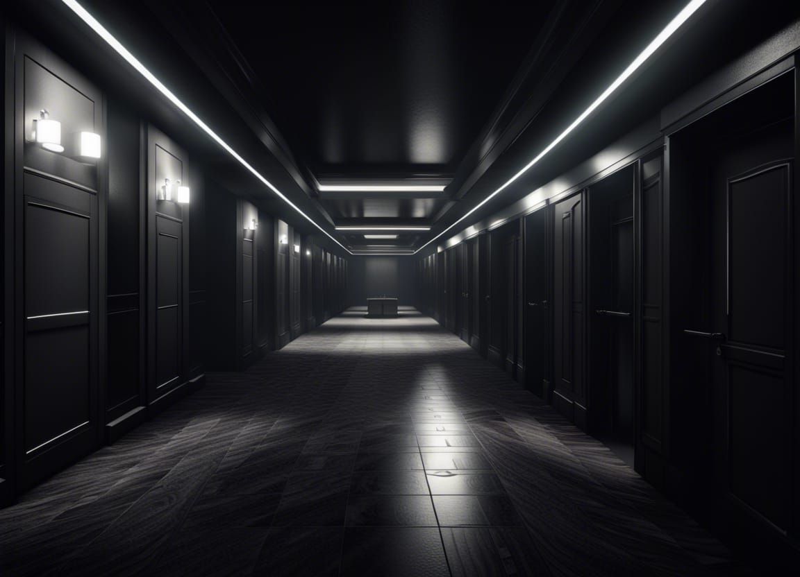 Creepy Black and White Liminal Hallway in HDR