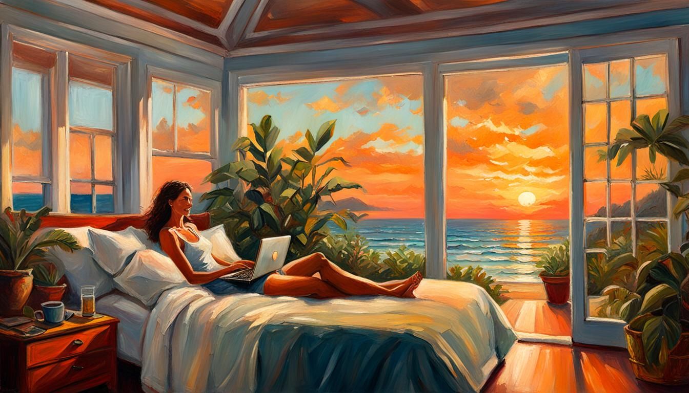 Woman in Beach House at Sunset: Oil Painting