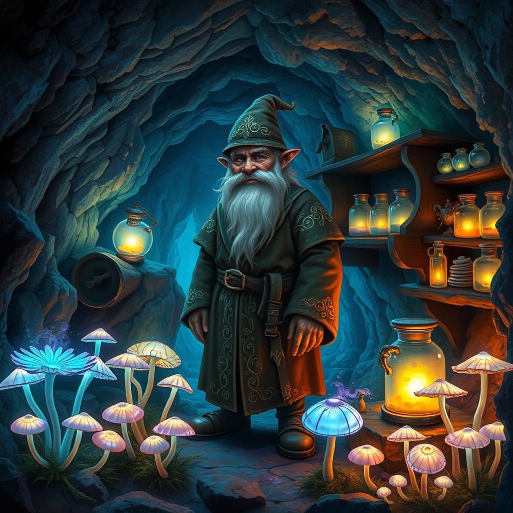 Mystical Dwarf Alchemist in Bioluminescent Cavern
