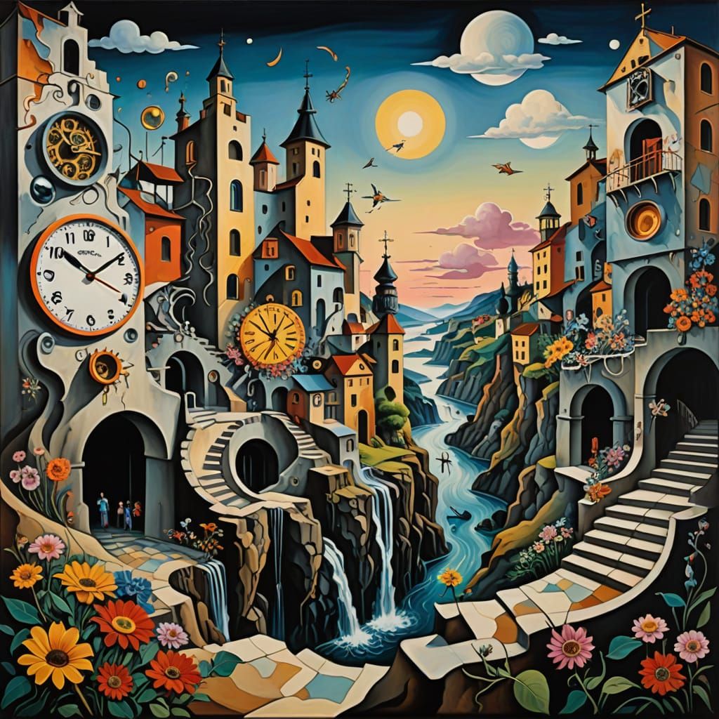 Surreal Dreamscape in Escher-Inspired Style