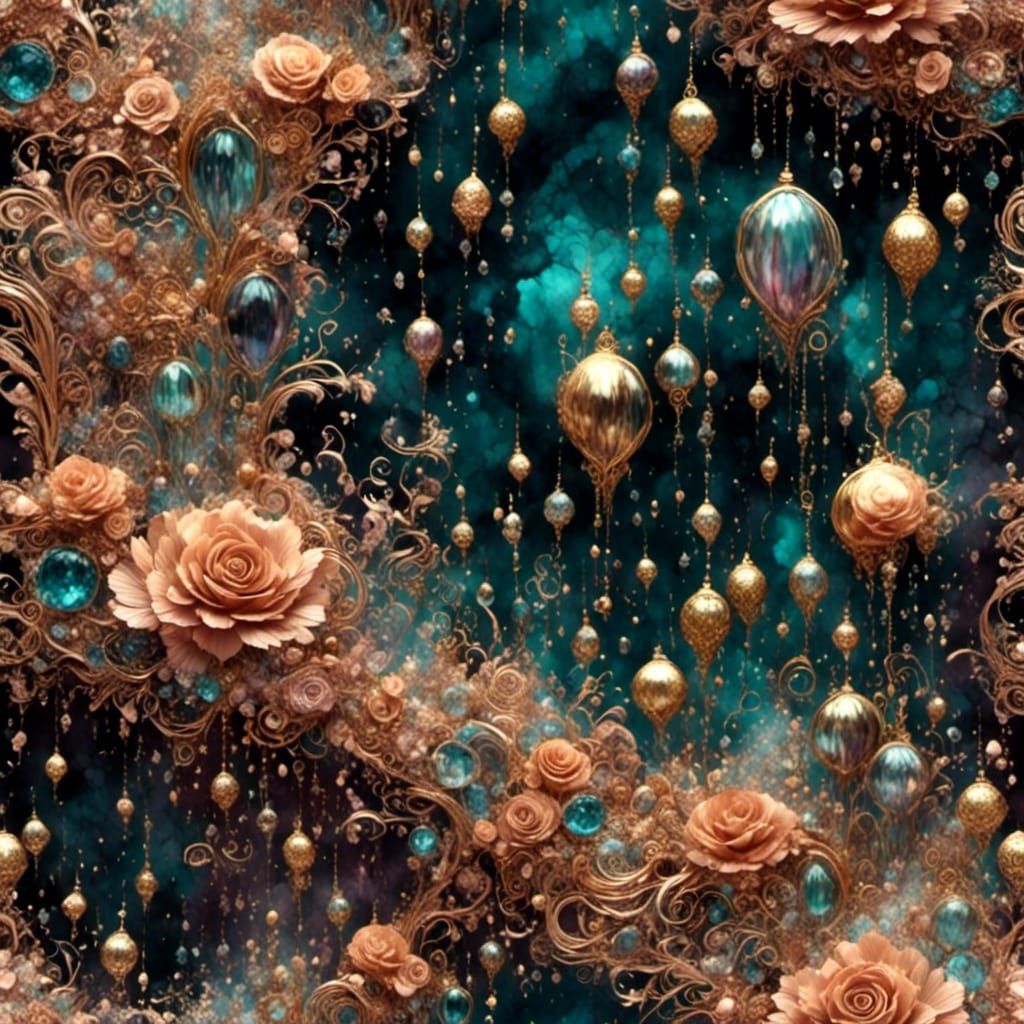 "rose gold liquid alcohol ink, dripping gold, macro, fantasy stained glass scene, celestial, crystals, intricate detail...