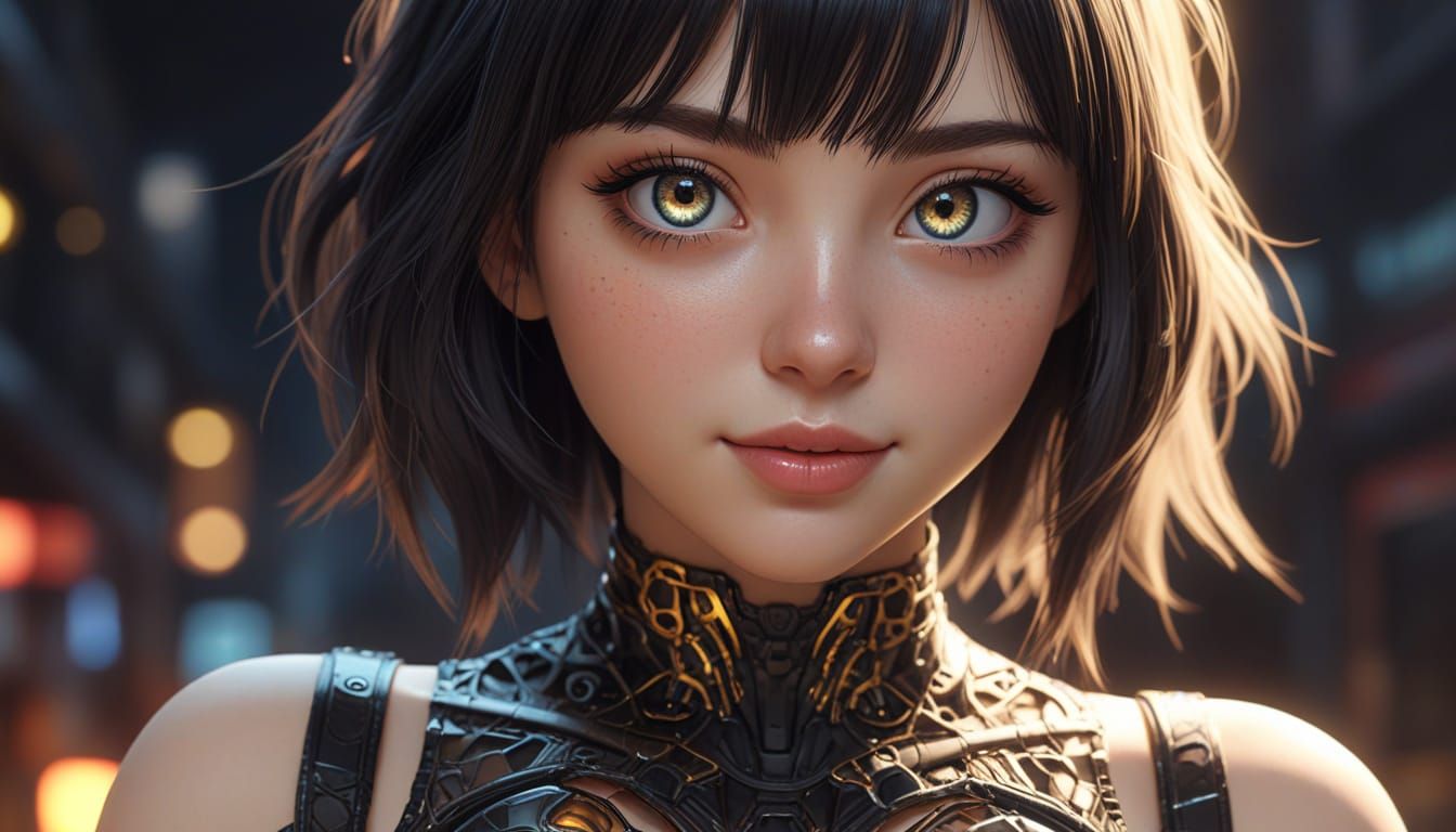 Cyborg with Heterochromia in Hyperrealistic Cartoon Style