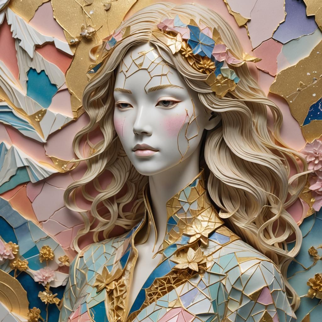 Kintsugi Paper Sculpture of Woman in Surreal Diorama