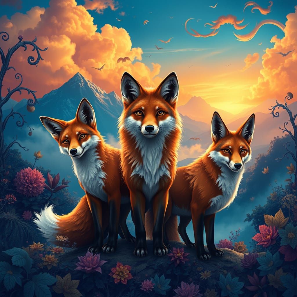 Whimsical Trio of Canines in Vibrant Fantasy Landscape