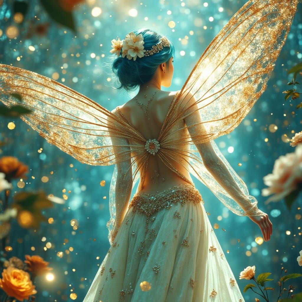 Ethereal Fairy Flying Over Glowing Flowers in Bright Forest