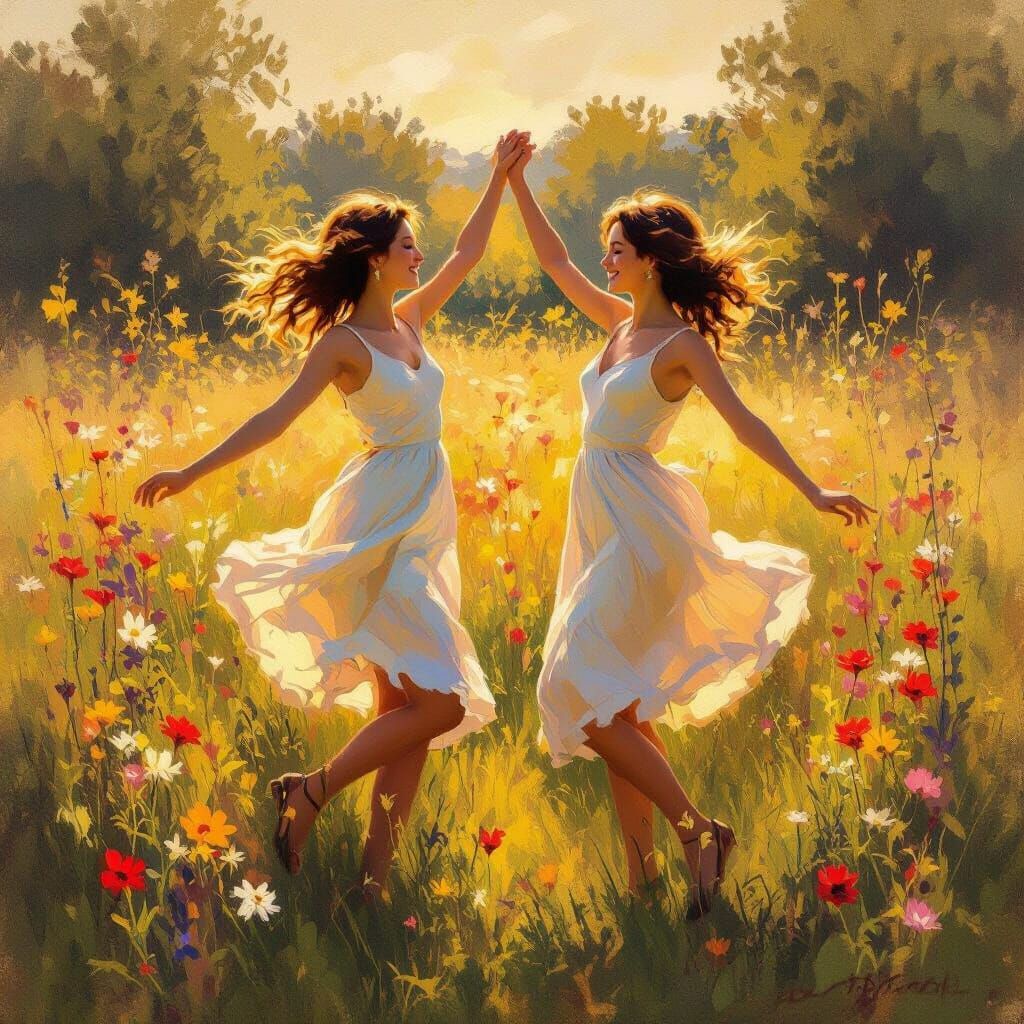 Joyful Dancers in Sunlit Meadow Oil Painting