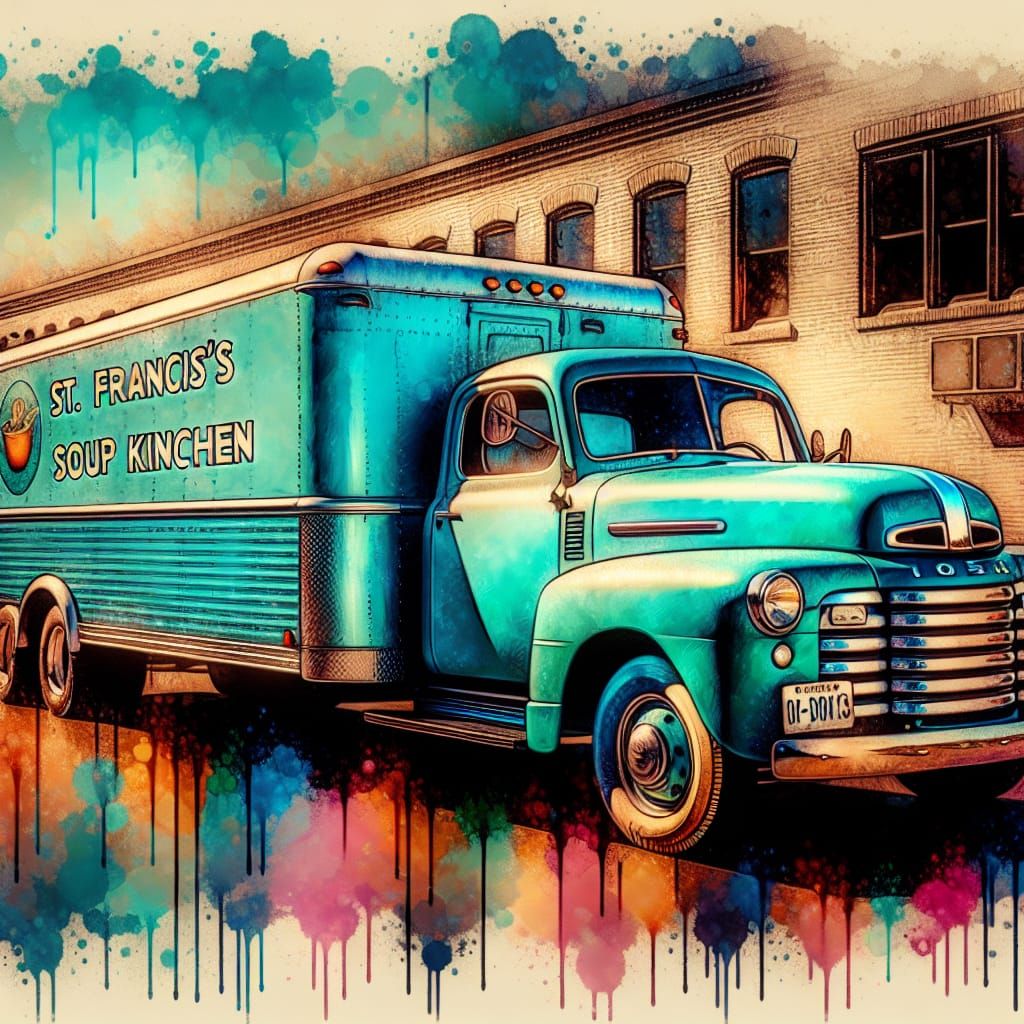 Retro Mobile Soup Kitchen in Digital Art Style