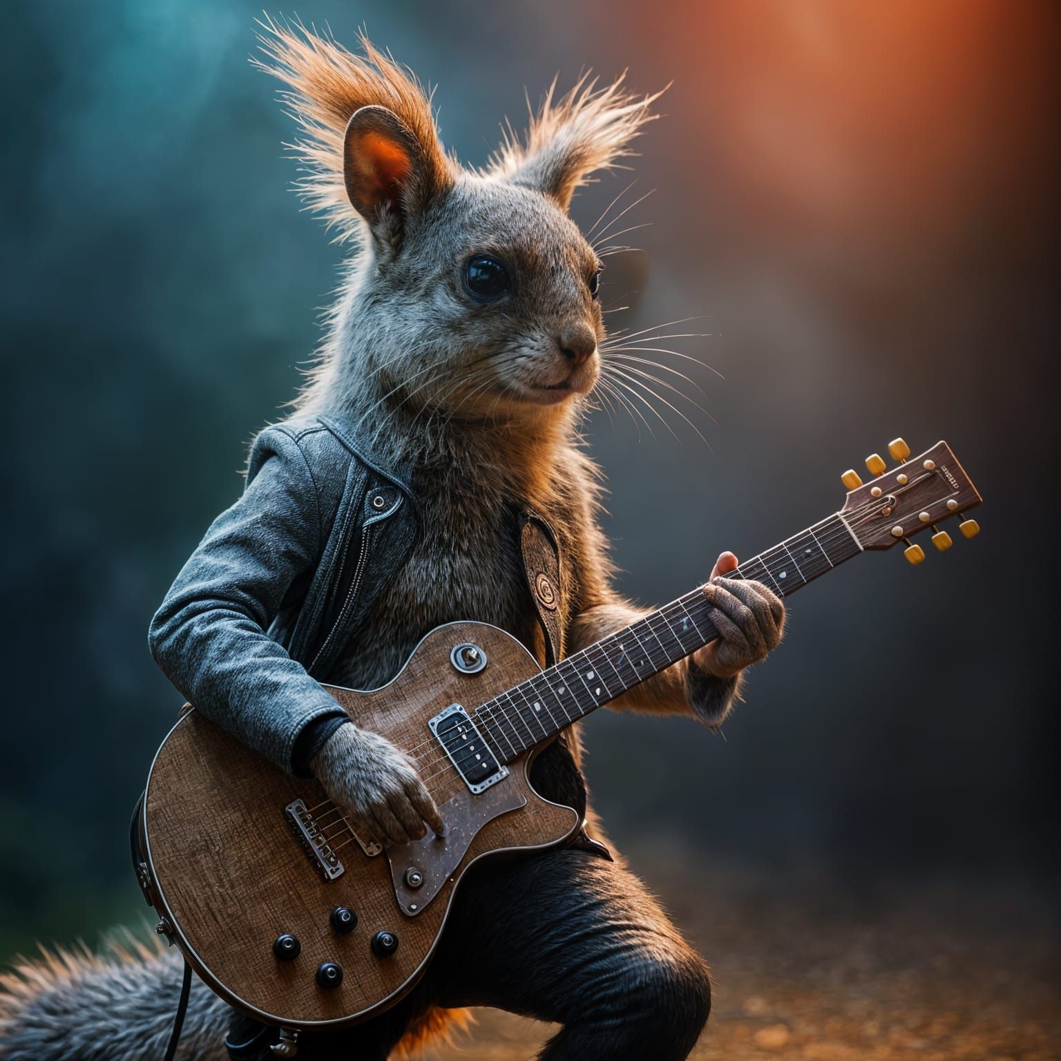 A large Glam rock squirrel playing guitar. 
Double exposure HD realistic realism.
