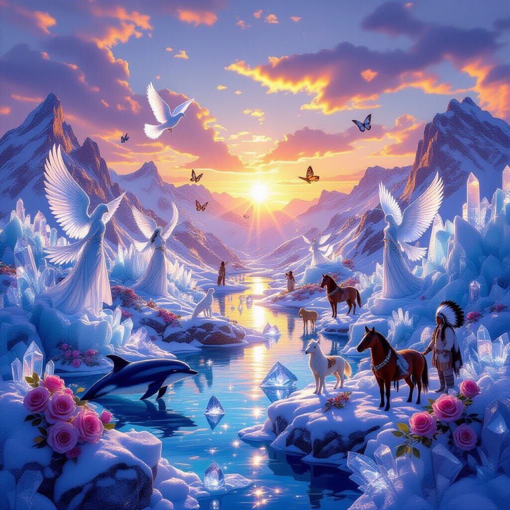 Surreal Dual Sunset Sunrise Landscape with Ice Sculptures