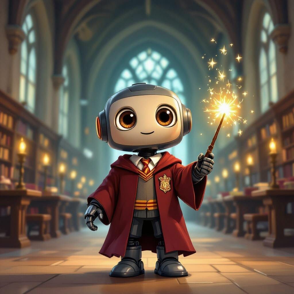 Friendly Gryffindor Robot with Wand in Hogwarts Great Hall