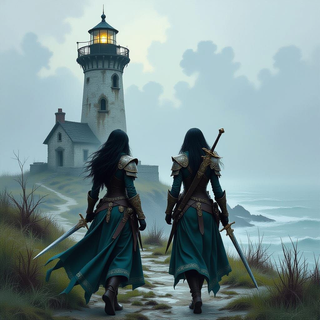 Elven Warriors Approach Lighthouse, Fantasy Oil Painting
