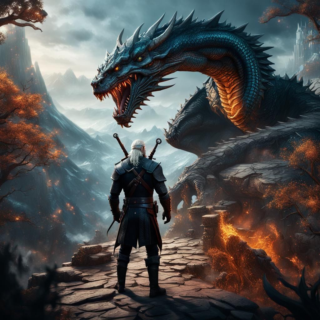 Witcher Confronts Dragon in Detailed Fantasy Art