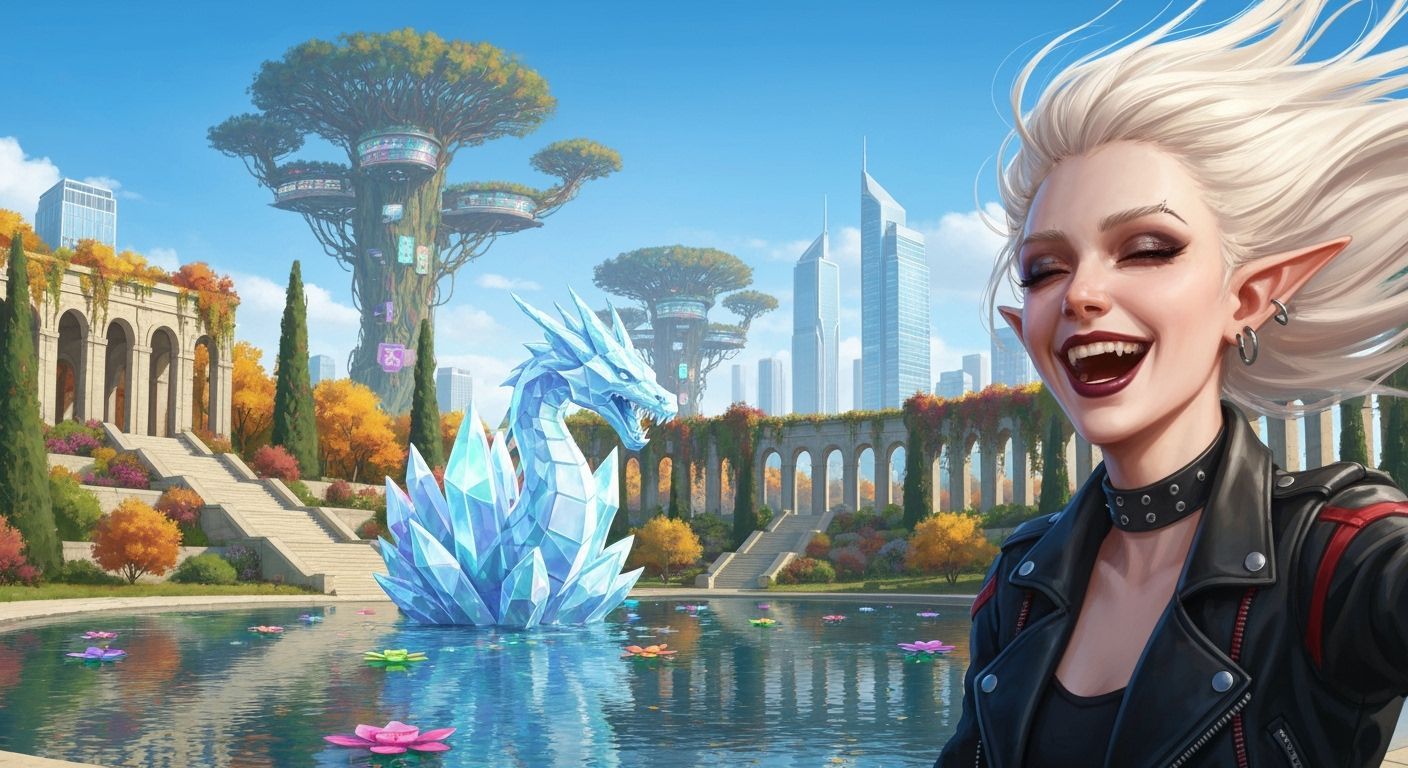 Elf Selfie with Dragon Sculpture in Autumn