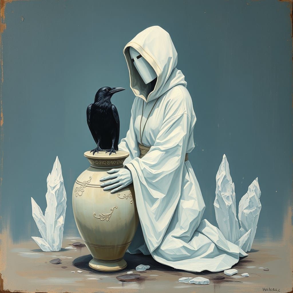 Surreal Geisha With Raven and Urn, Expressive Oil Painting