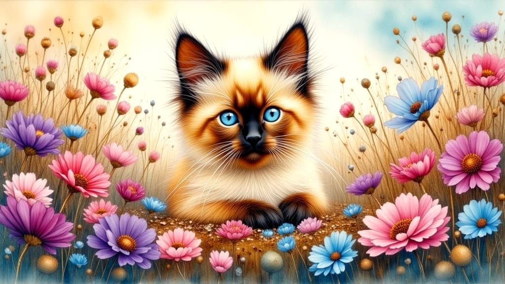 Cute Fluffy Siamese Kitten in Flower Field